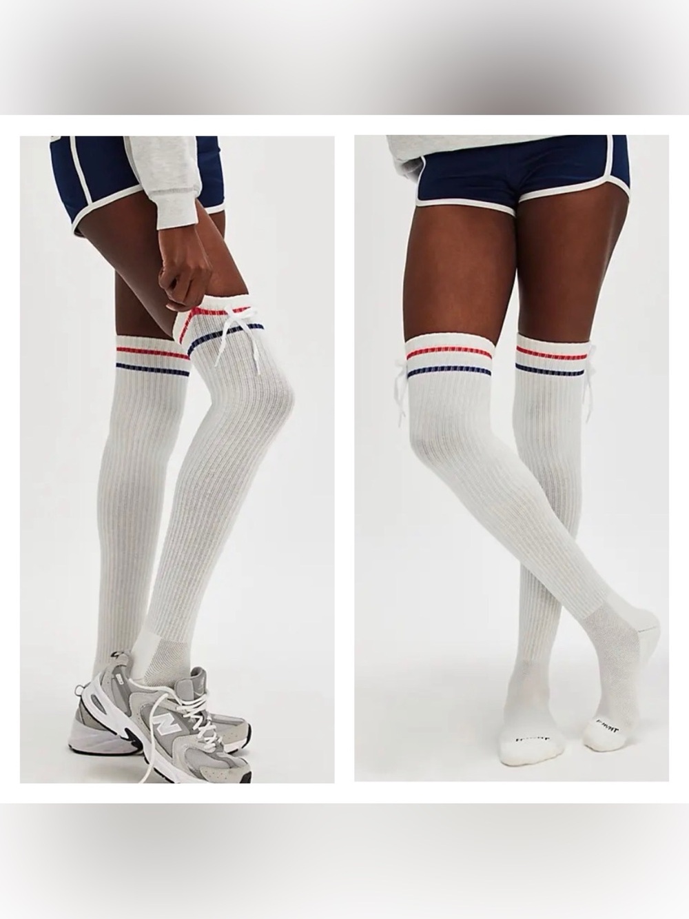Free People White Athletic Crew Socks with Red & Navy Stripes